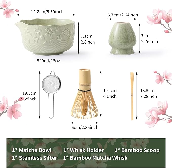 Matcha Whisk Set, 5 Pcs Ceramic Matcha Set, Matcha Kit Set Includes Matcha Bowl, Matcha Whisk and Holder, Bamboo Scoop and Sifter, Matcha Tea Set, Ideal Gift for Family/Friend (Cyan)