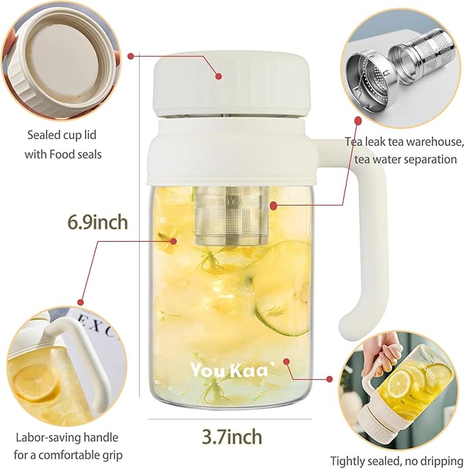 32oz Glass Water Bottle, Tea Bottle with Infuser & Handle, BPA-Free Leakproof Wide Mouth Large Tea Infuser cup for Hot or Cold Drinks, Loose, Fruit (White+Black)