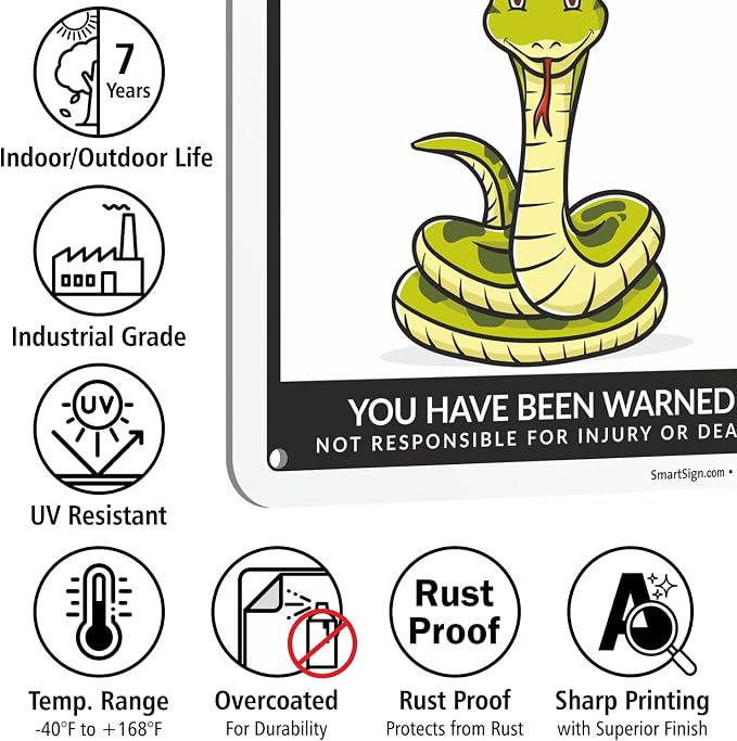 SmartSign Beware Of Snakes Warning Sign - 10"x7", 40 mil Laminated Rust-free Aluminum, Metal Signs for Snake Cave Cage Habitat Decor, Tank Accessories, Outdoors, Gifts - Funny Snakes Theme, USA-Made - Image 7