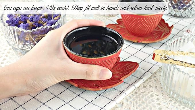 4pc Japanese Tea Cups Set. Red and Gold Cast Iron Tea Cup Set, 2 Tea Cups and Saucers. 4oz Teacup Set For Any Japanese Tea Set or Teapot.