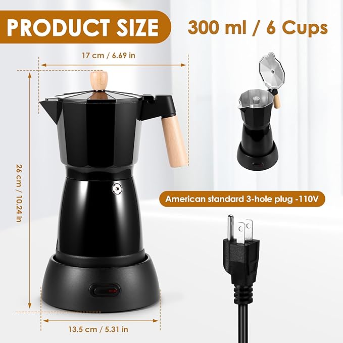 Electric Espresso Coffee Maker, 6 Cup Coffee Pot with Detachable Base Portable Aluminum Italian Moka Maker Electric Moka Pot for Home Cafe Outdoor Office