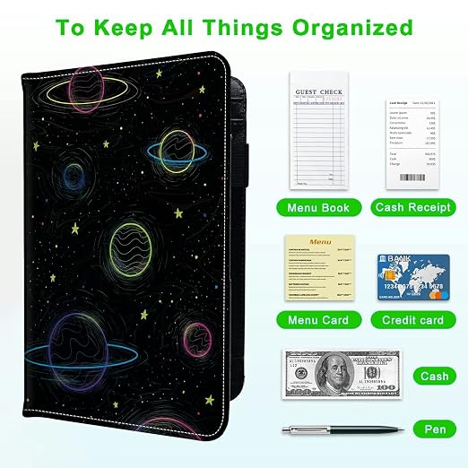 Server Books for Waitress, with 7 Large Pockets, Waiter Serving Book, Waitstaff Server Order Pads, Cute PU Leather Server Book with Pen Holder Fit Server Apron, Cartoon Planets - Image 5