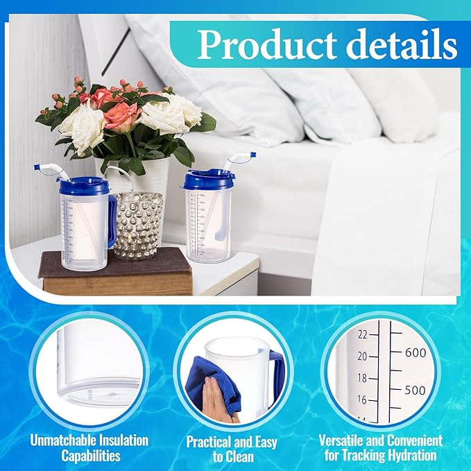 32 oz Hospital Water Cup with Straw and Lid Insulated Double Walled Water Cup with Handle and Straw Elderly Bottle Plastic Drinking Hospital Carafe Insulated Mug(Blue,4)