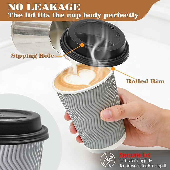 Ginkgo 100 Pack 12 oz Disposable Insulated Coffee Cups With Lids, Double-Walled Ripple To Go Paper Travel Cups for Hot Drinks - Gray