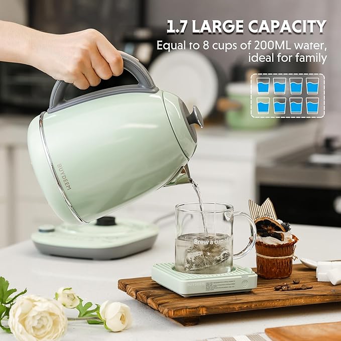BUYDEEM K740 Electric Kettle with Temperature Control, 12H Keep Warm, Quick Boil, Stainless Steel Hot Water Boiler for Tea Coffee Milk, 1.7L, Cozy Greenish