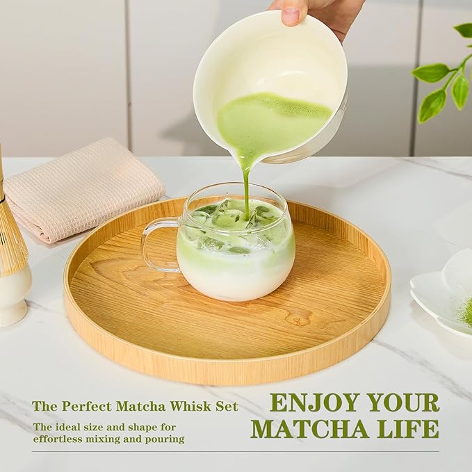 Matcha Whisk Set, Ceramic Matcha Set Kit, 7 Pcs Includes Bowl, Whisk and Holder, Bamboo Scoop, Scoop Rest, Strainer and Tea Towel （Freedom White）