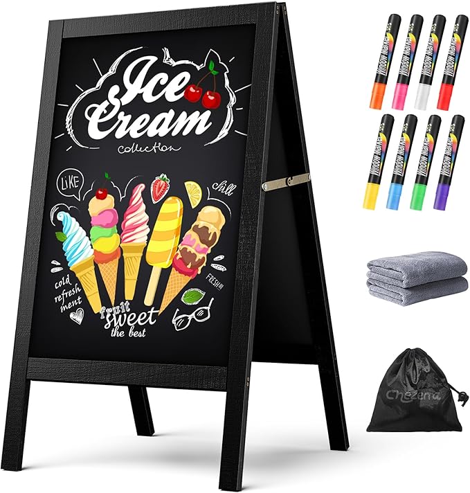 Chezerra A Frame Chalkboard Sign, 40"x20" Extra Large Sidewalk Chalk Board, Wooden Standing ChalkBoards Set with Markers, Double-Sided Magnetic Blackboard for Cafés, Weddings, Party Guide, Black
