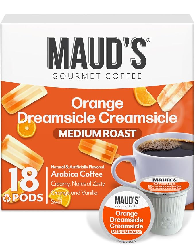 Maud's Orange Creamsicle Flavored Coffee Pods, 18 ct, Medium Roast Flavored Coffee in Single Serve Pods – 100% Arabica Beans, Compatible with Keurig K Cups Maker by MAUDSCOFFEETEA