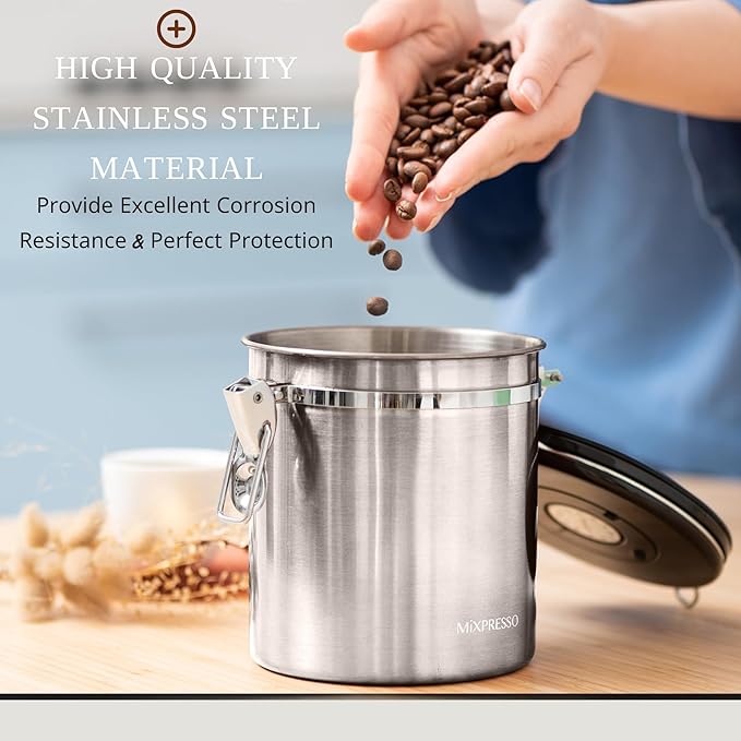 Mixpresso 16 Oz Stainless Steel Coffee Canister with Scoop – Airtight Coffee Container with CO2 Valve for Bean Storage, Date Tracker Lid