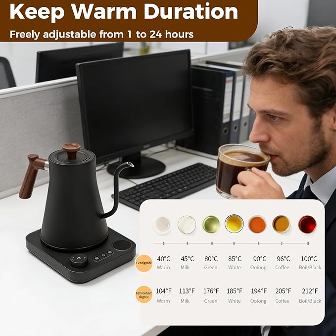 Gooseneck Electric Tea Kettle with Pour Over Pot with LED & Precise 1°F Temp Control,Keep Warm, Hot Water Kettle for Home/Office 304 Stainless Steel (Black)