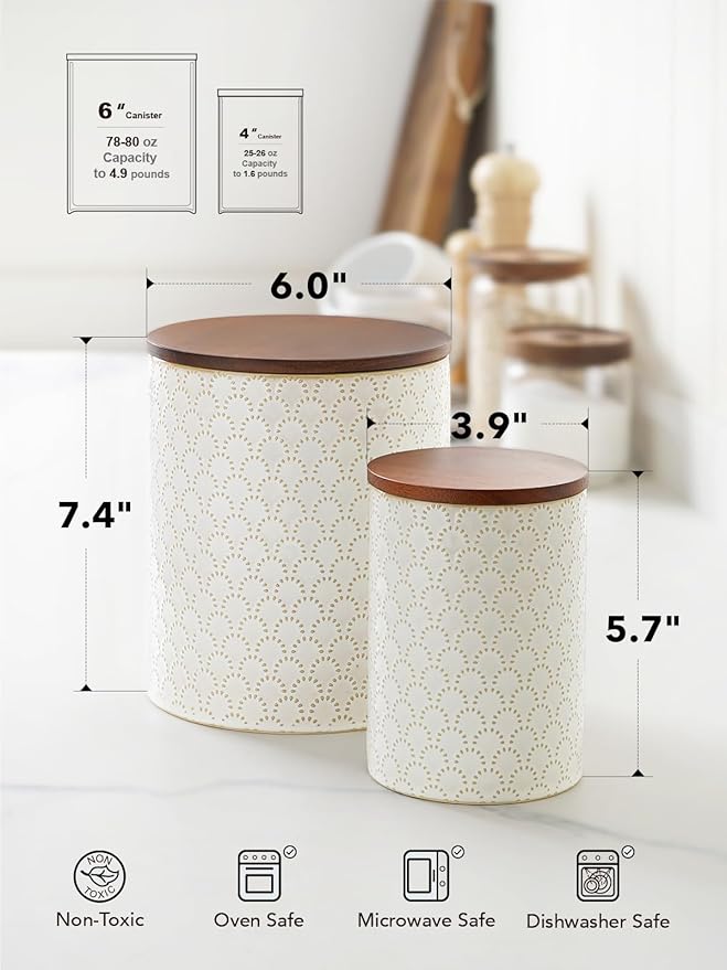 LE TAUCI Ceramic Kitchen Canister Set with Airtight Lids, Food Storage Containers for Flour, Sugar, Coffee - Large Embossed Jars for Pantry Storage & Countertop Decor - Set of 2 (78/25 oz), Firework