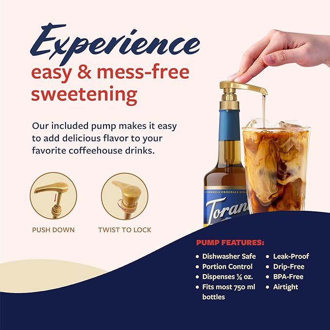 Torani Sugar Free Coffee Syrup, Pumpkin Pie Flavored Syrup for Drinks, Zero Calorie, Glass Bottle with Pump Included, 25.4 Fl Oz