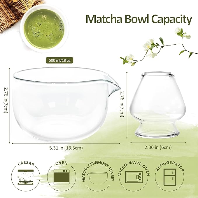 Matcha Bowl and Whisk Holder Set, Glass Matcha Bowl with Spout, Ceremonial Mixing Chawan, Clear Traditional Japanese Matcha Kit for Tea/Matcha Powder/Soup - Hammer Pattern