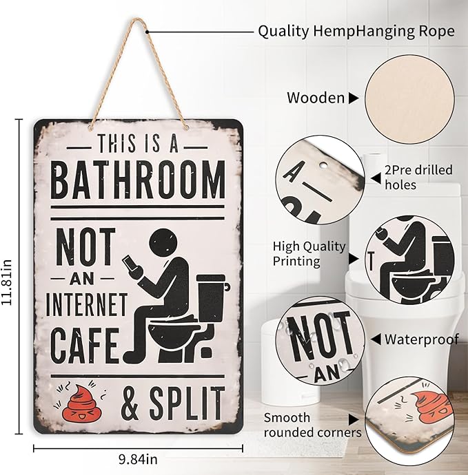 Funny Bathroom Signs, Wooden Bathroom Wall Art Decor, Vintage Farmhouse Restroom Wall Pictures For Home