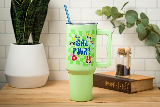Silver Buffalo Powerpuff Girls Girl Power Groovy Retro Featuring Blossom, Bubbles, and Buttercup Double Walled Stainless Steel Tumbler with Handle and Straw, Fits in Standard Cup Holder, 40 Ounces