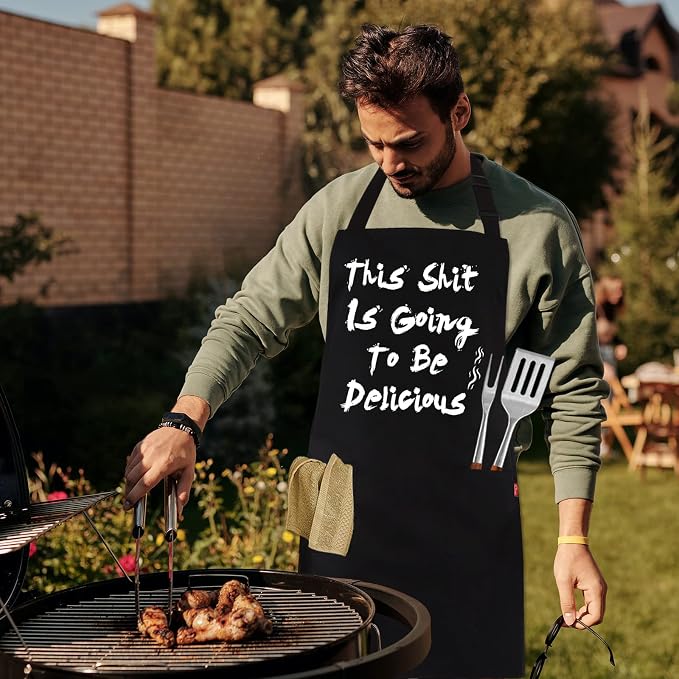 BBQ Funny Apron for Men, Chef Bib Apron with 2 Pockets, Adjustable Neck Strap and 40" Long Ties - Best for Kitchen Cooking, Grilling, Baking, Gardening - Black - Image 7