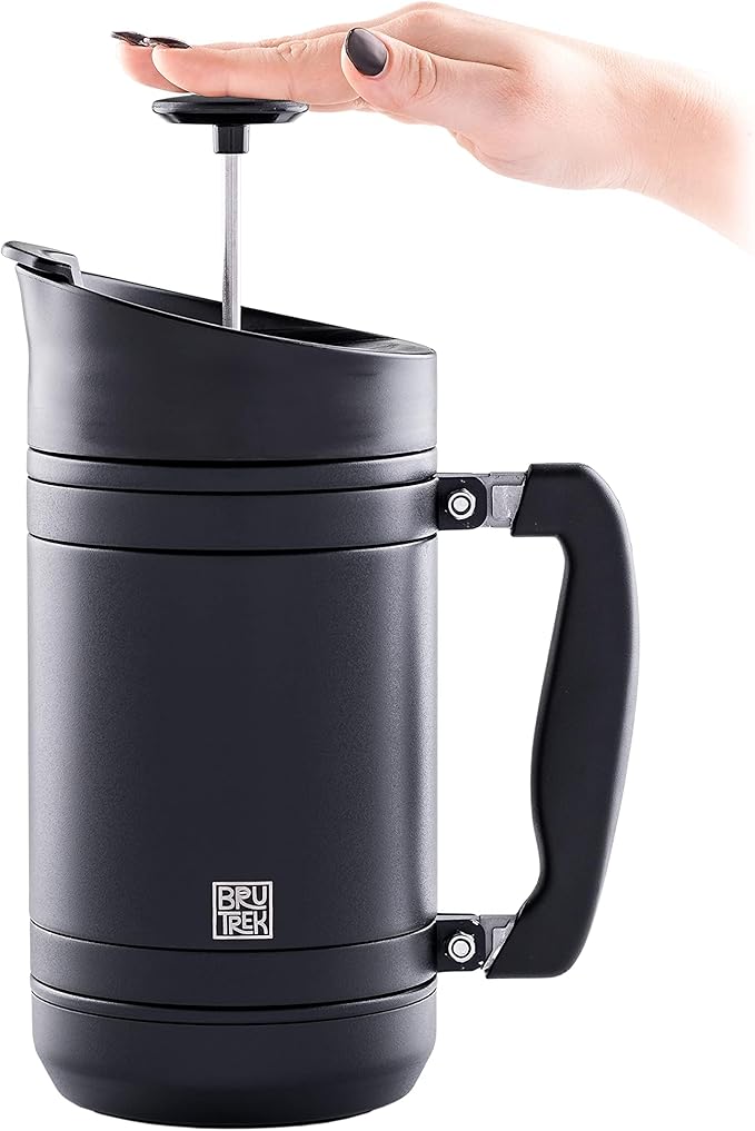 BruTrek® by Planetary Design BaseCamp Coffee Press - Double Wall Insulated Stainless Steel - Bru-Stop Technology, No Grounds in Coffee, No Spill Lid (Obsidian, 32 fl.oz)