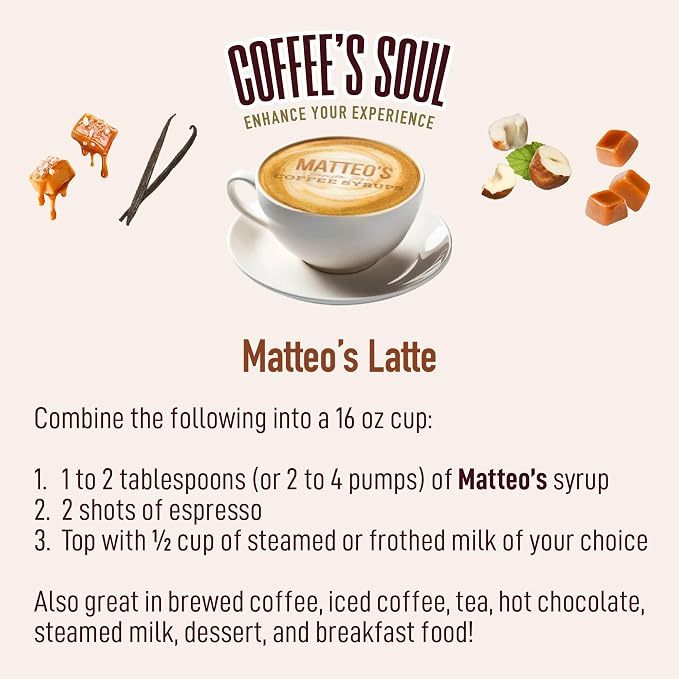 Matteo's Barista Style Sugar-Free Coffee Syrup, 6 Flavour Variety Pack, Zero Calories and Sugar, Keto-Friendly Coffee Syrups, Delicious Flavoured Coffee Syrup - 33.8 oz Syrup Bottles - Image 3