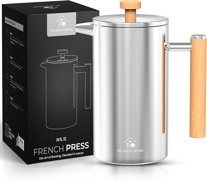 French Press Coffee Maker 304 Stainless Steel 34 Oz Large Double-Walled Insulated French Press Wood Handle 3 Level Filtration System For Kitchen, Camping & Gifting in Premium Box No Plastic