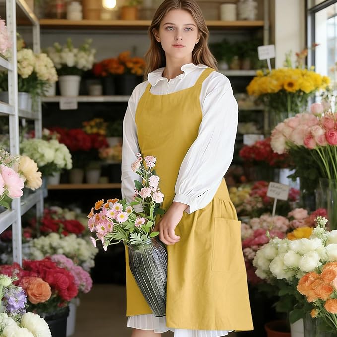 Cotton Linen Cross Back pinafore Apron Dress for Women with Pockets for Cooking Cleaning - Crossback Apron - Yellow - with Waist Ties - Image 3
