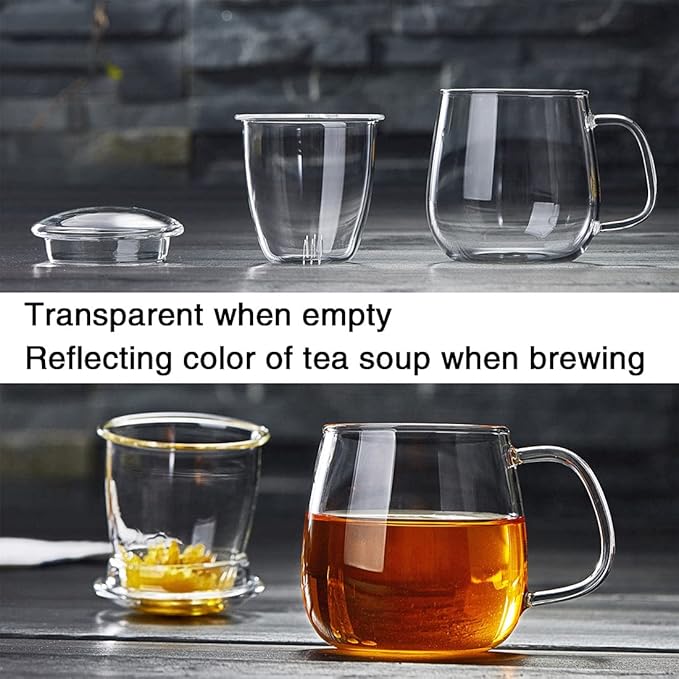 Glass Tea Cup with Infuser and Lid, 17.6oz/520ml Large Borosilicate Teacup,Tea Glass, Clear Mug for Loose Leaf Tea, Blooming Tea, Microwave & Dishwasher Safe - Tea Maker Gift for Birthday.