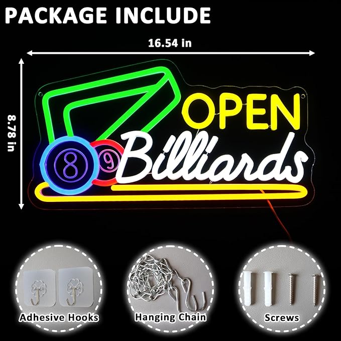Billiards Neon Open Sign for Wall Decor Dimmable 16.54" x 8.78" Led Sign for Pool Room USB Powered Neon Light for Business Game Room Billiard Club Bar Pub Party Man Cave Decoration