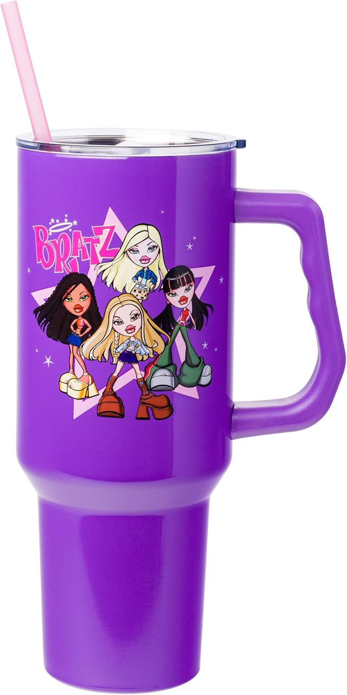 Silver Buffalo Bratz Featuring Cloe, Yasmin, Jade, and Sasha Double Walled Stainless Steel Tumbler with Handle and Straw, Fits in Standard Cup Holder, 40 Ounces