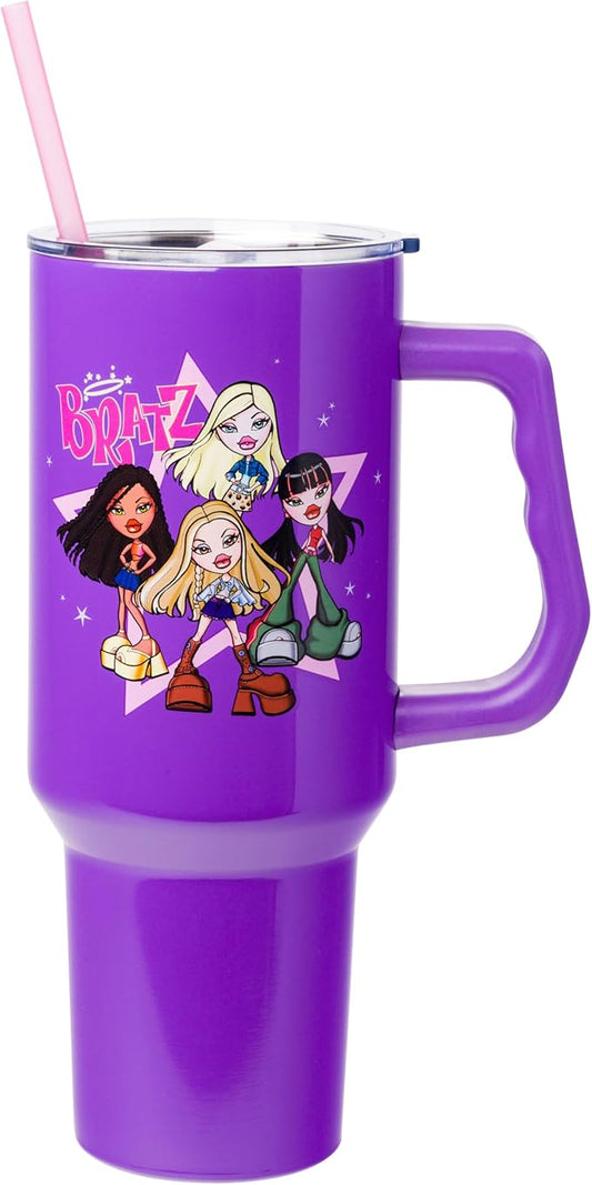 Silver Buffalo Bratz Featuring Cloe, Yasmin, Jade, and Sasha Double Walled Stainless Steel Tumbler with Handle and Straw, Fits in Standard Cup Holder, 40 Ounces