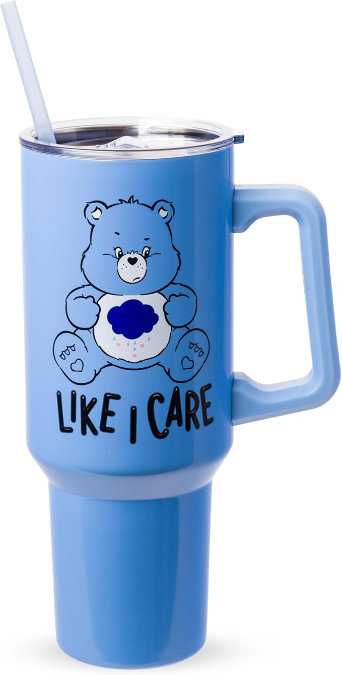 Silver Buffalo Care Bears Grumpy Bear Like I Care Double Walled Stainless Steel Tumbler with Handle and Straw, Fits in Standard Cup Holder, 40 Ounces