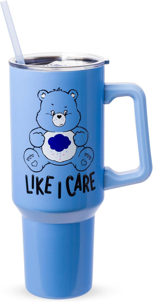 Silver Buffalo Care Bears Grumpy Bear Like I Care Stainless Steel Tumbler with Handle and Straw, Fits in Standard Cup Holder, 40 Ounces (Pack of 12)