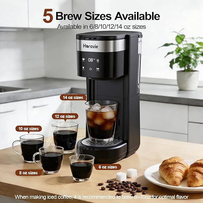 All-in-1 Single Serve Coffee Maker, Fit 7.8" Travel Mug, Hot & Iced K Cup Coffee Machine with 5 Brew Sizes, One Cup Coffee Maker with Descaling and Low Water Alert, 30oz Removable Reservoir, Black