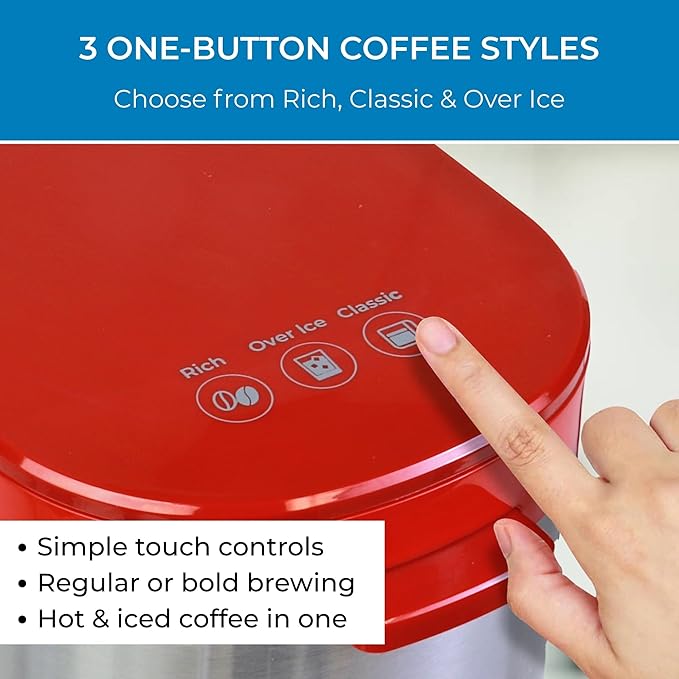 Kenmore Single Serve Coffee Maker – 6–14 Oz Brew Sizes, Compatible with Keurig K‑Cup Pods & Ground Coffee, One Cup Brewer, Travel Mug Friendly, Auto Shut‑Off, Hot & Iced maquina de cafe, Red