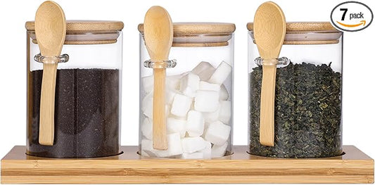 Glass Spice Storage Container with Spoon, 3PCS 20oz Airtight Sealed Condiment Jar with Tray, Kitchen Pantry Seasoning Canister Set for Salt Coffee Sugar Tea & Bathroom Cotton Swab Ball
