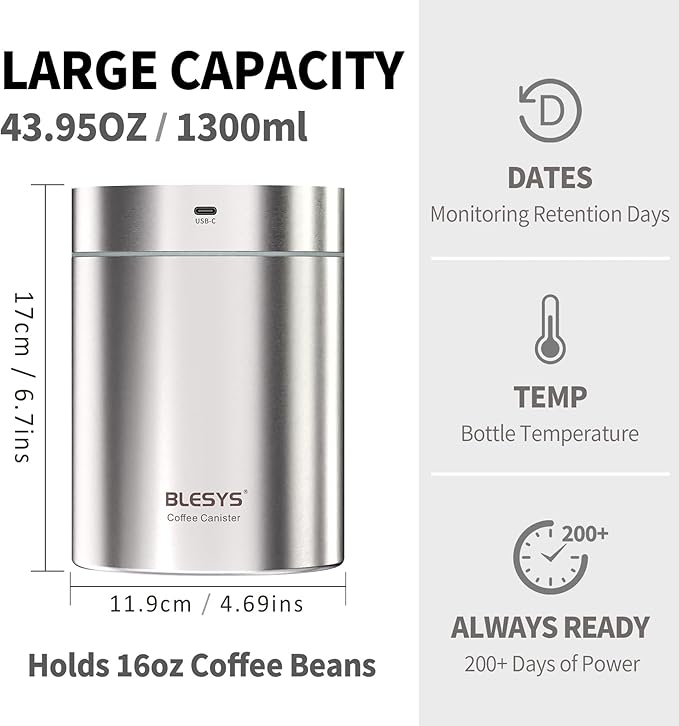 Smart Vacuum Coffee Canister, Automatic Stainless Steel Food Storage Container, LCD Monitoring, One-touch Freshness, Date Tracker, Extra-long Standby Time, Holds 16 oz Coffee Beans (Silver, 1.3L)