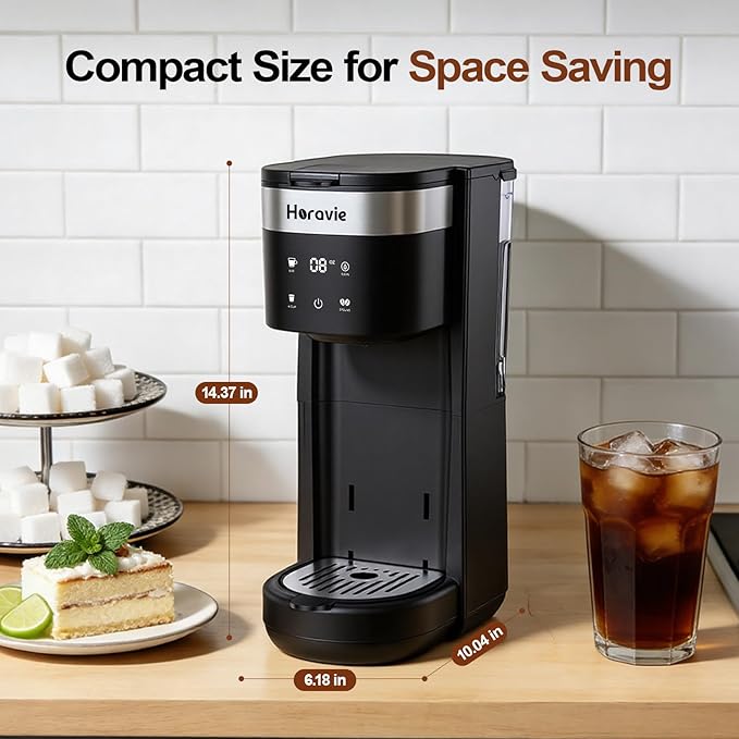 All-in-1 Single Serve Coffee Maker, Fit 7.8" Travel Mug, Hot & Iced K Cup Coffee Machine with 5 Brew Sizes, One Cup Coffee Maker with Descaling and Low Water Alert, 30oz Removable Reservoir, Black