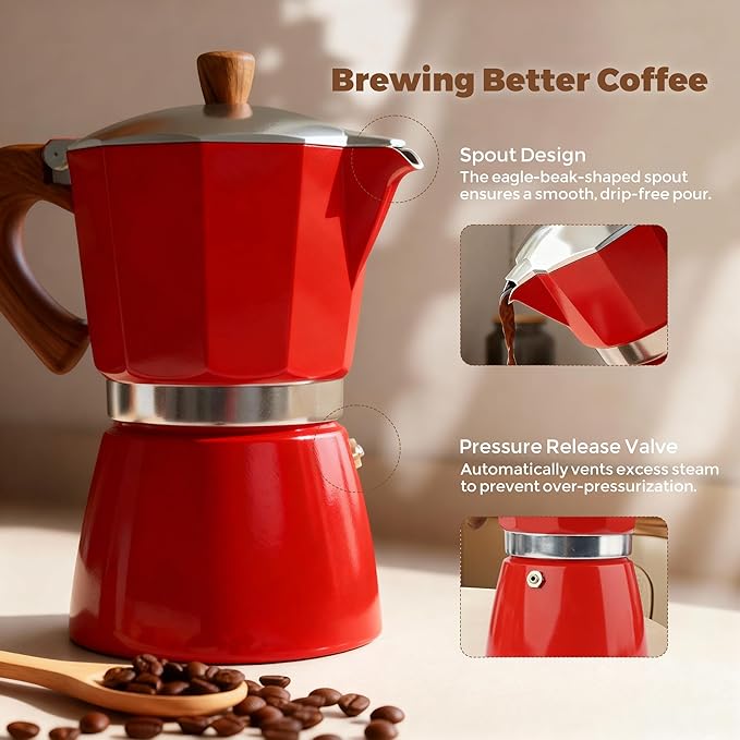 ShanSon Moka Pot Stovetop Espresso Maker 6 Cup 10 oz Italian Coffee Maker Manual Cuban Coffee Percolator Machine Italian Espresso Greca Coffee Maker for Cappuccino or Latte,Red