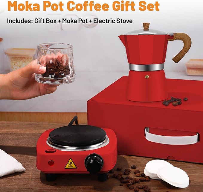 2-in-1 Aluminum Moka Pot Set with Electric Stove Classic Stovetop Espresso Coffee Maker 150ml 5oz Mocha Express Portable Camping Travel Preferred Cafe Makers Italian Cuban Café Brewing 3 Cup
