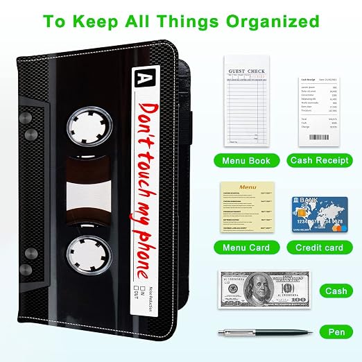 Server Books for Waitress, with 7 Large Pockets, Waiter Serving Book, Waitstaff Server Order Pads, Cute PU Leather Server Book with Pen Holder Fit Server Apron, Cassette Tape Don't Touch My Phone - Image 5