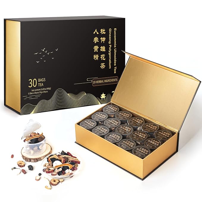 Tea Gift Set - Ginseng Polygonatum Eucommia Male Flower Tea, Travel Edition Gift Box for Men Women, No Additives, Caffeine Free, 19 Precious Natural Herbal Ingredients（30 Cans/1 Box)