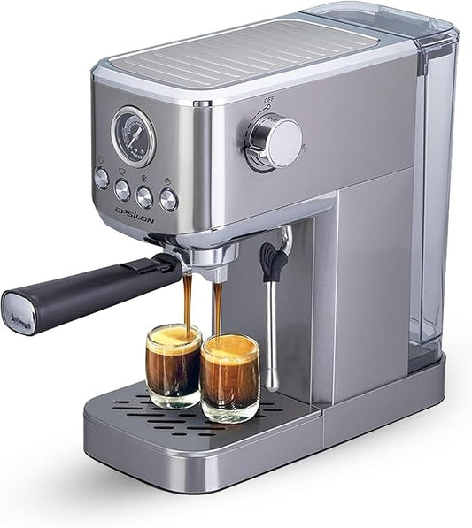 Epsilon Coffee Machine with Milk Frother, Compact 20-Bar Espresso Maker, Hot and Iced Coffee Maker with Removable Water Tank, Cold Brew Feature, and Steam Wand, 1.2L Capacity - Stainless Steel