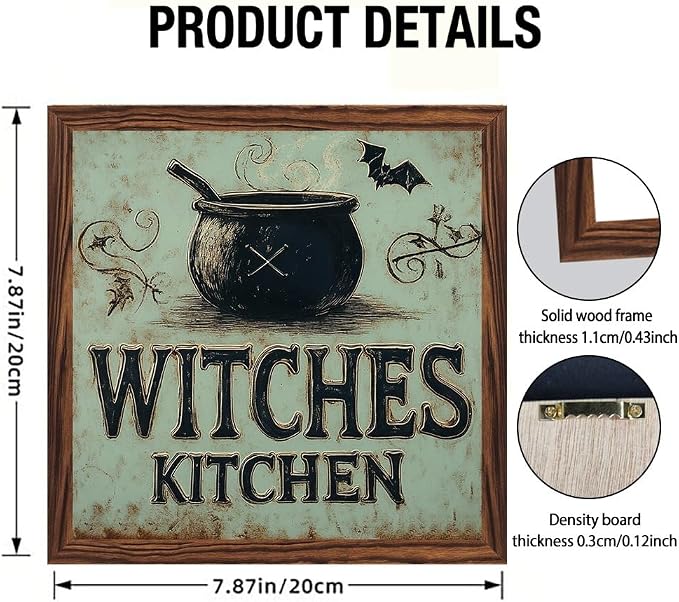 Vintage Witches Kitchen Wooden Sign, With Frame Witch Cauldron, Bats Elements Decorative Sign for Bedroom, Kitchen, Cafe, Bar Wall Decor, Halloween Decor 7.87x7.87 Inch - Image 4