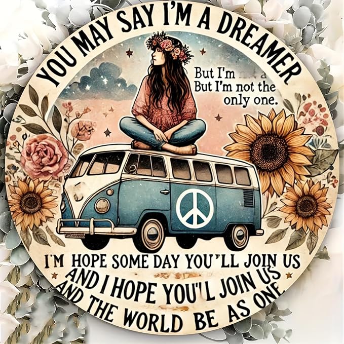 Hippie Van Round Aluminum Sign "Dreamer" Quote Wall Art Decor, Retro Floral Peace Bus Home Decoration, Funny Tin Plaque for Kitchen, Restaurant,Garage - 1 Piece Vintage Engraved 7.8 Inch by Unknown