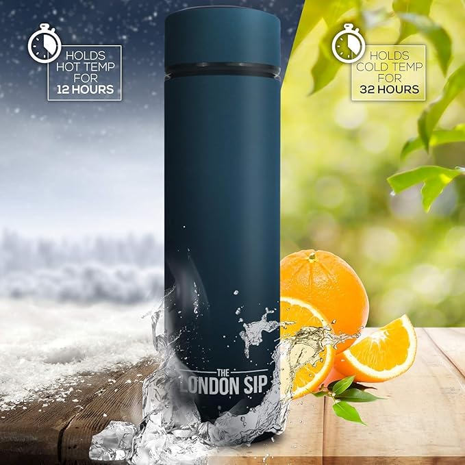 The London Sip Multi-Purpose Travel Mug and Tumbler Fruit Infused Flask Hot and Cold Double Wall Stainless Steel Thermos with Extra-Long Infuser, Midnight Teal, Pack of 2
