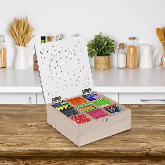 handrong Tea Box for Tea Bag Organizer Tea Bag Holder Tea Box Wooden Rustic Tea Chest with Unique Floral Pattern 9 Compartments for Gift Home Tea House