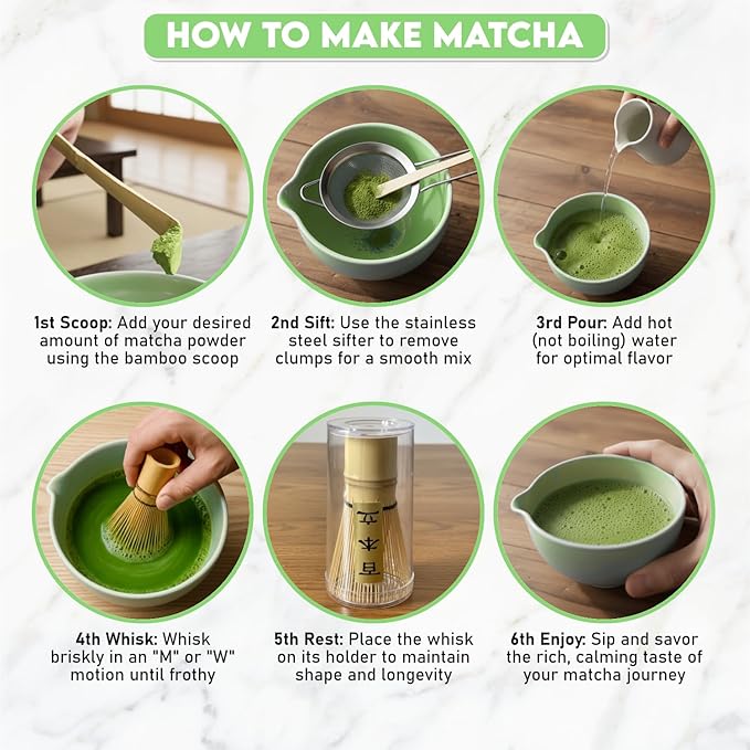 10-Piece Matcha Whisk Set | Complete Matcha Tea Kit with 17oz Ceramic Bowl, Bamboo Whisk & Scoop, Whisk Holder, Stainless Steel Sifter, Measuring Cup, Powder Caddy, Tea Towel | Gift-Ready Matcha Set