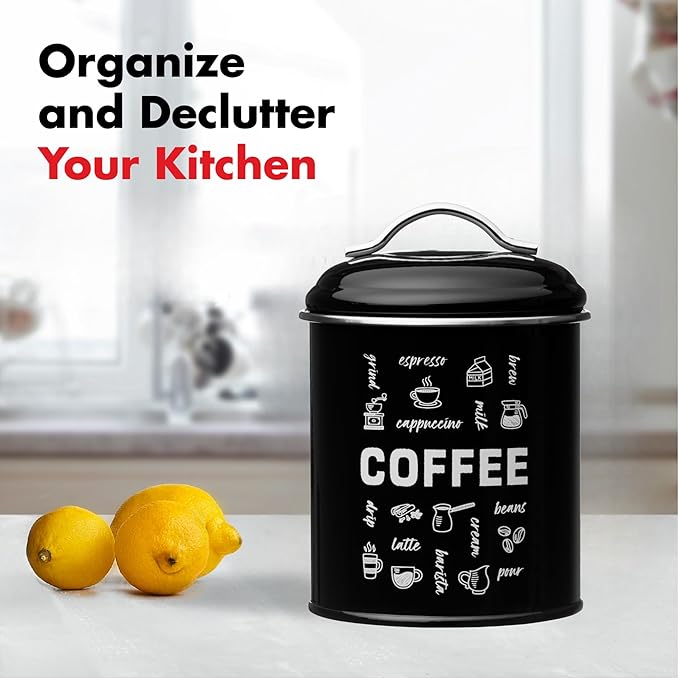 Amici Home Coffee Fix Metal Coffee Canister | Black Metal Storage Container with Handles | 36 Ounce Capacity | Coffee Canister with Lid for Kitchen Countertop