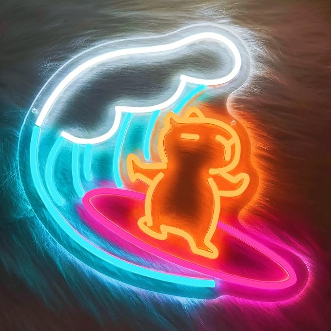 Capybara Surfing Neon Sign for wall decor Capybara Led Neon Sign Cute Animal with Surfing Neon Light for Children's Room Party Decor Birthday Gifts (14.2in*13.6in) - Image 2