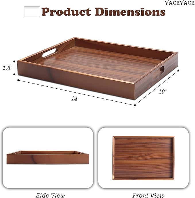 Wood Tray for Decor, 14"x10"x1.5" Wood Serving Trays with Handle, Medium Serving Tray for Ottoman Coffee Table, Home Decor, Party