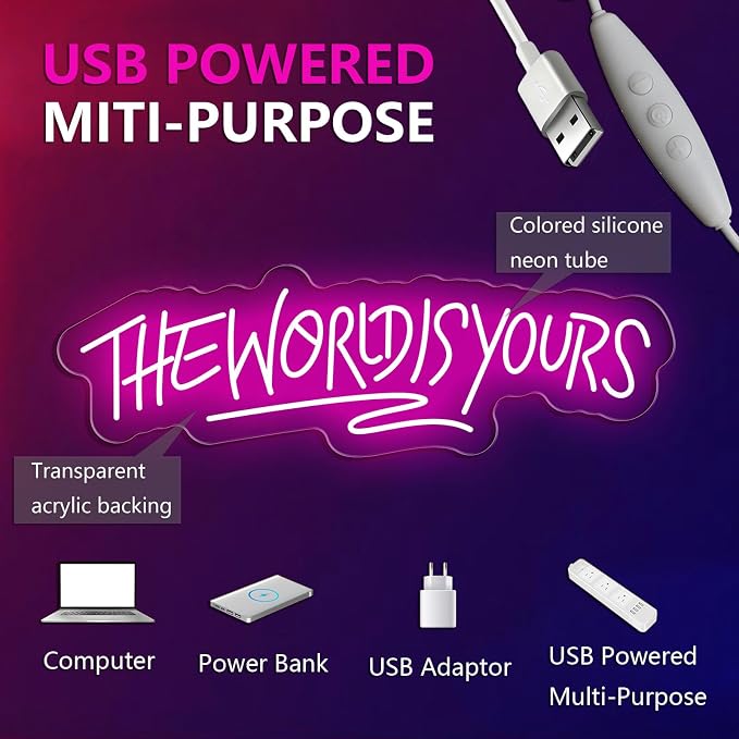 The World is Yours Neon Sign Dimmable World Yours LED Sign for Wall Decor USB Powered Neon Light for Man Cave Home Bar Bistro Club Cafe Wedding Game Room Birthday Gift Graduation Party - Image 5