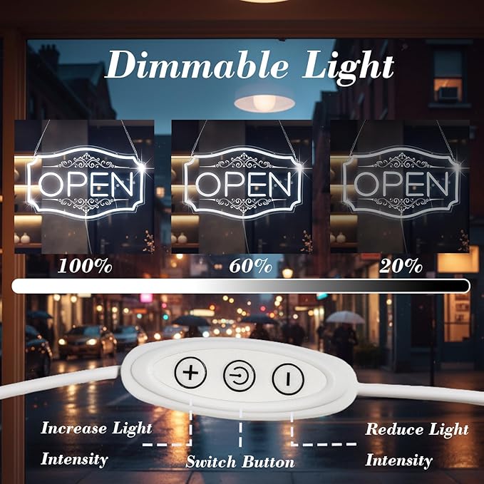 Open Sign for Business, LED Dimmable Neon Open Sign with 12V/2A Adapter, 16.5" x 10.5", White, Bright LED Visibility to Light Up Window, Wall, Bar, Coffee, Salon and Store